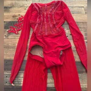 Red custom jazz costume (includes leotard, red tights, and head piece)